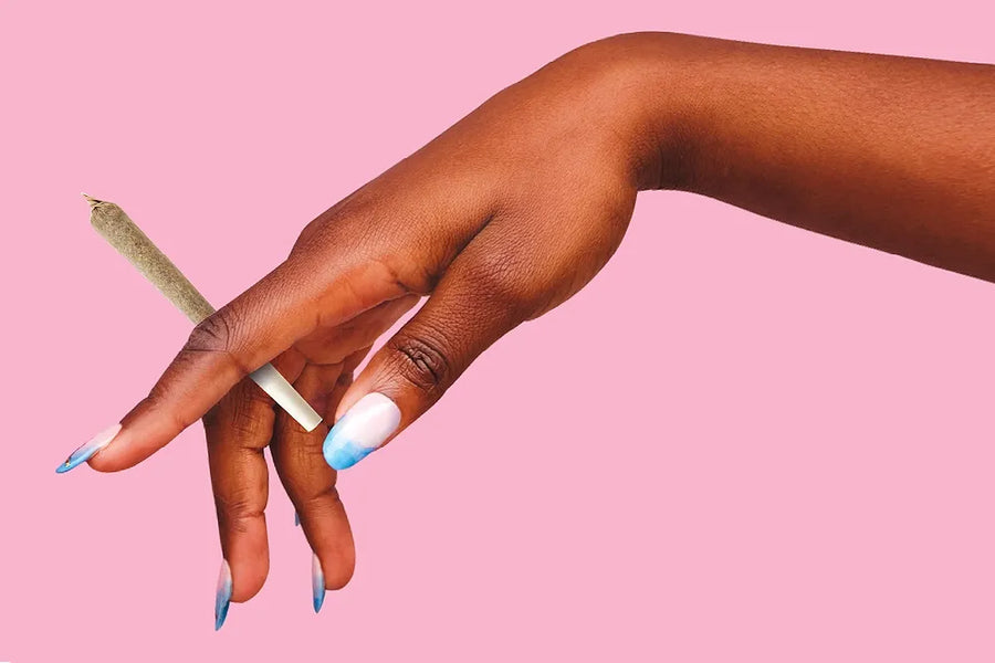 Story artwork: A manicured hand holds a joint against a pink background.