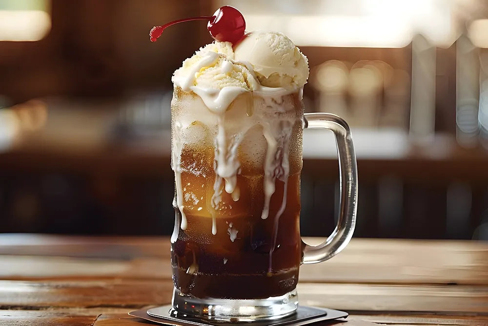 A root beer float topped with vanilla ice cream, whipped cream and a cherry.