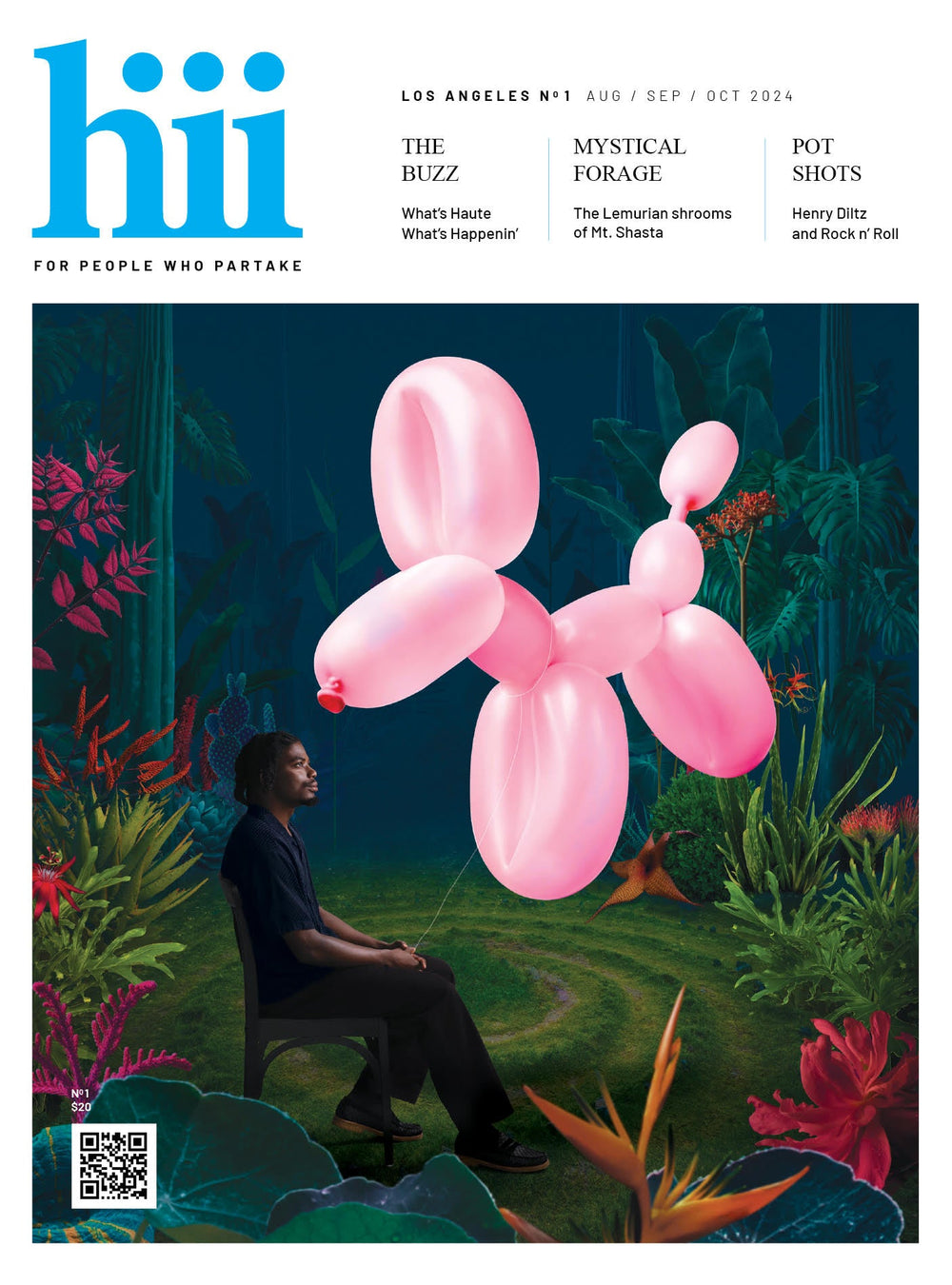 Hiii No. 1, the Genesis Issue: a pink balloon dog floats above a seated figure in a lush garden.