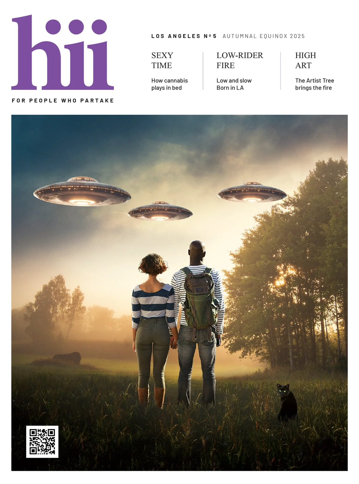Hiii No. 5, Autumnal Equinox 2025: two people watch flying saucers above a field.